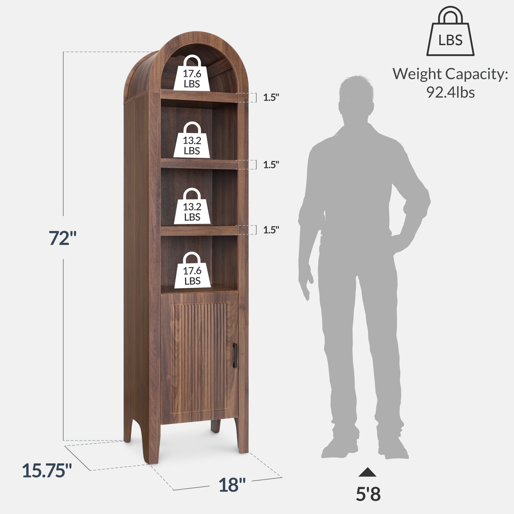 72\" Tall Narrow Arched Pantry Cabinet w/ Door 4-Tier Storage Cabinet