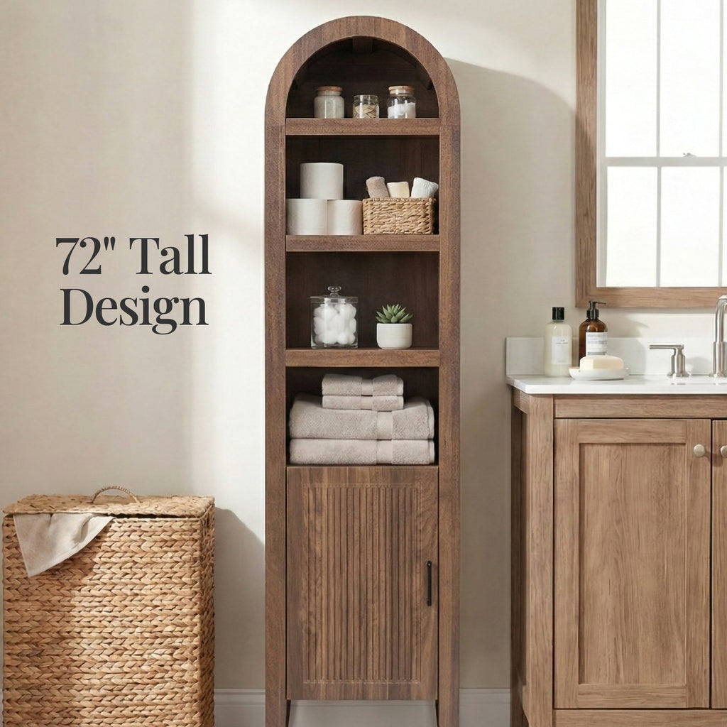 72\" Tall Narrow Arched Pantry Cabinet w/ Door 4-Tier Storage Cabinet