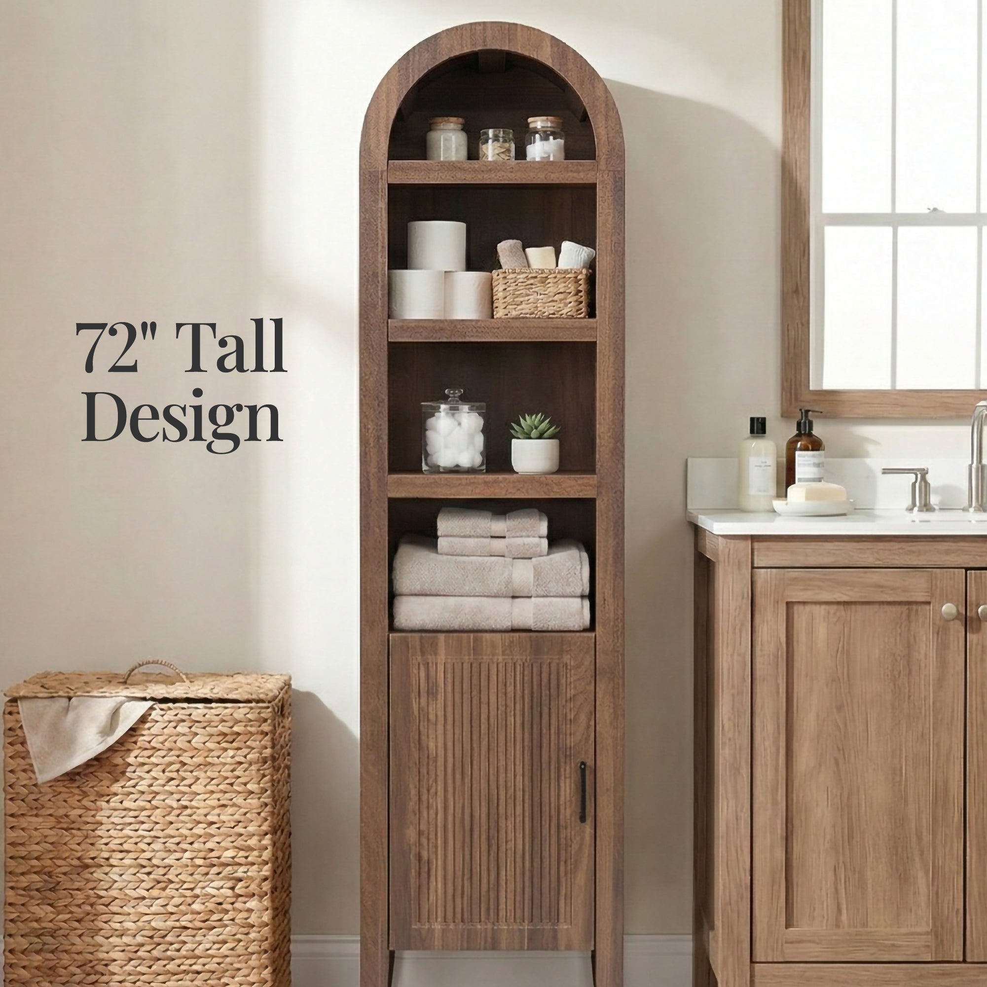 72\" Tall Narrow Arched Pantry Cabinet w/ Door 4-Tier Storage Cabinet