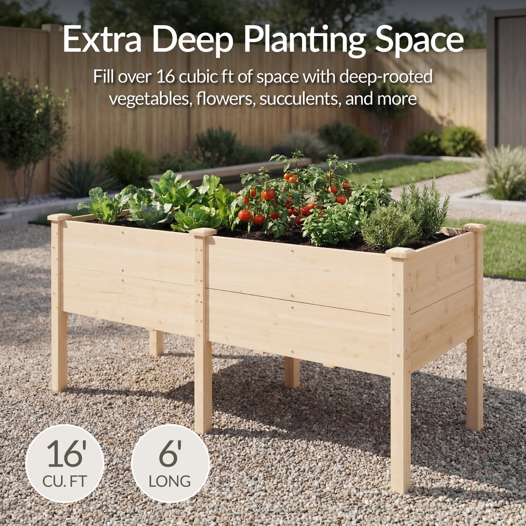 72\" x 24\" x 30\" Raised Wooden Garden Bed w/16\" Depth Elevated Wood Planter