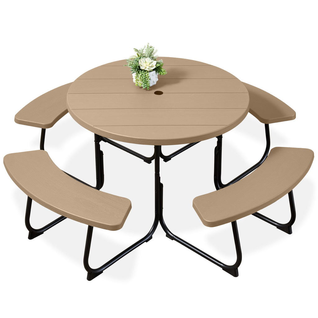 8-Person Circular Picnic Table w/ Umbrella Hole 4 Benches