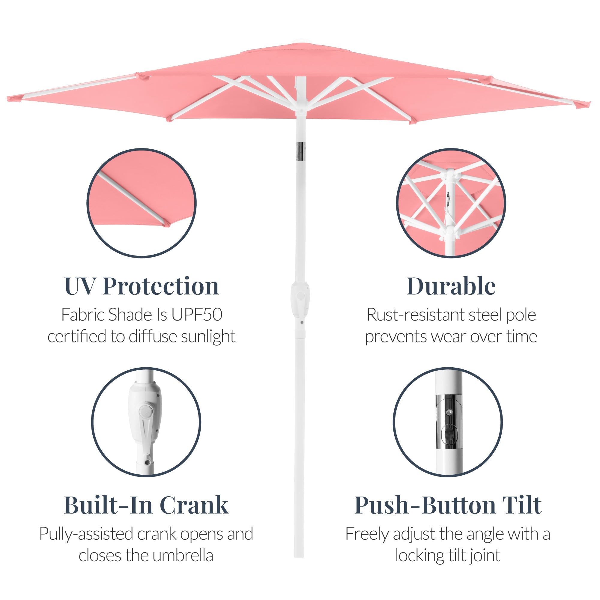 7.5ft Patio Market Umbrella with White Pole Push Button Tilt and Crank Lift