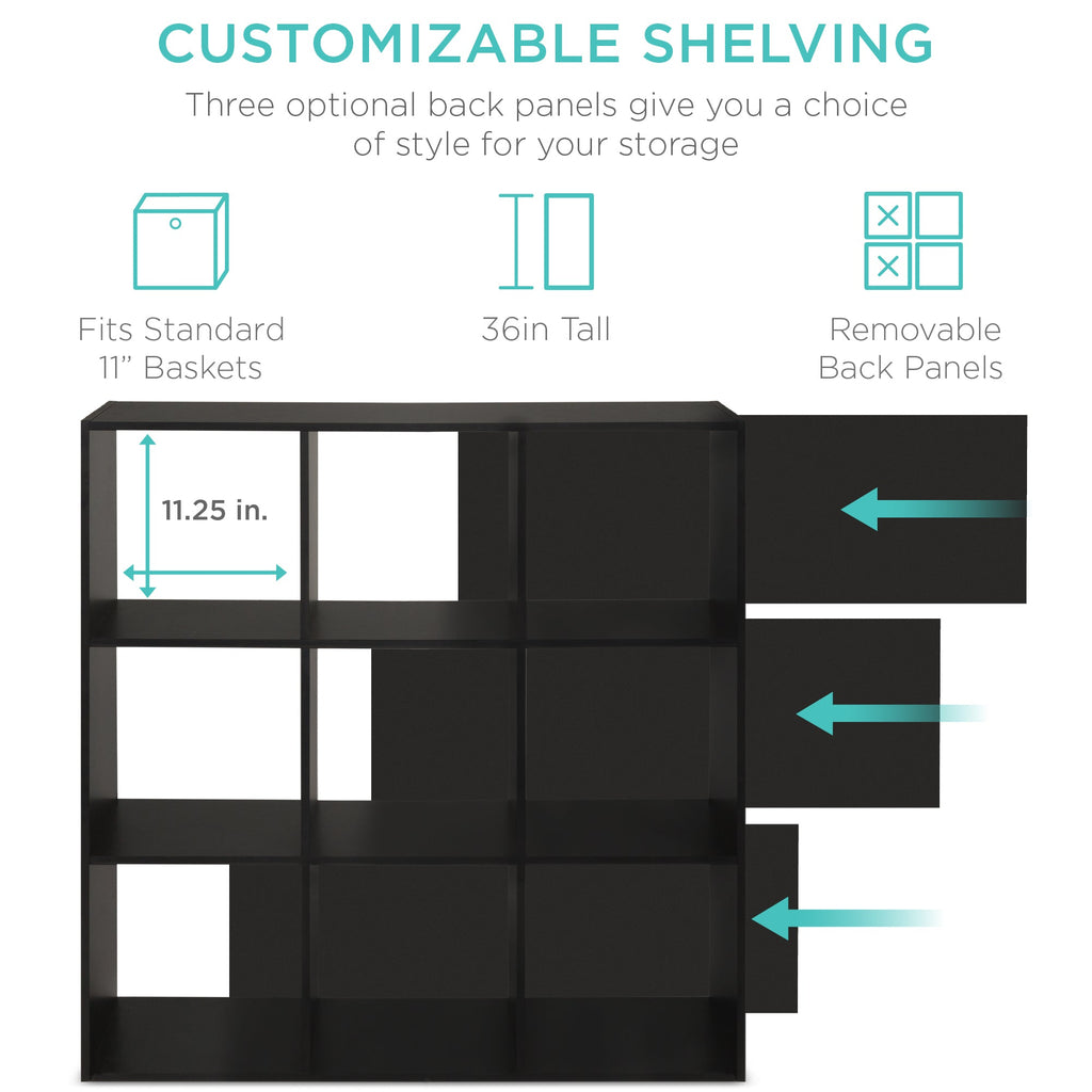 9-Cube Bookshelf Storage Display w/ 3 Removable Panels Customizable Design