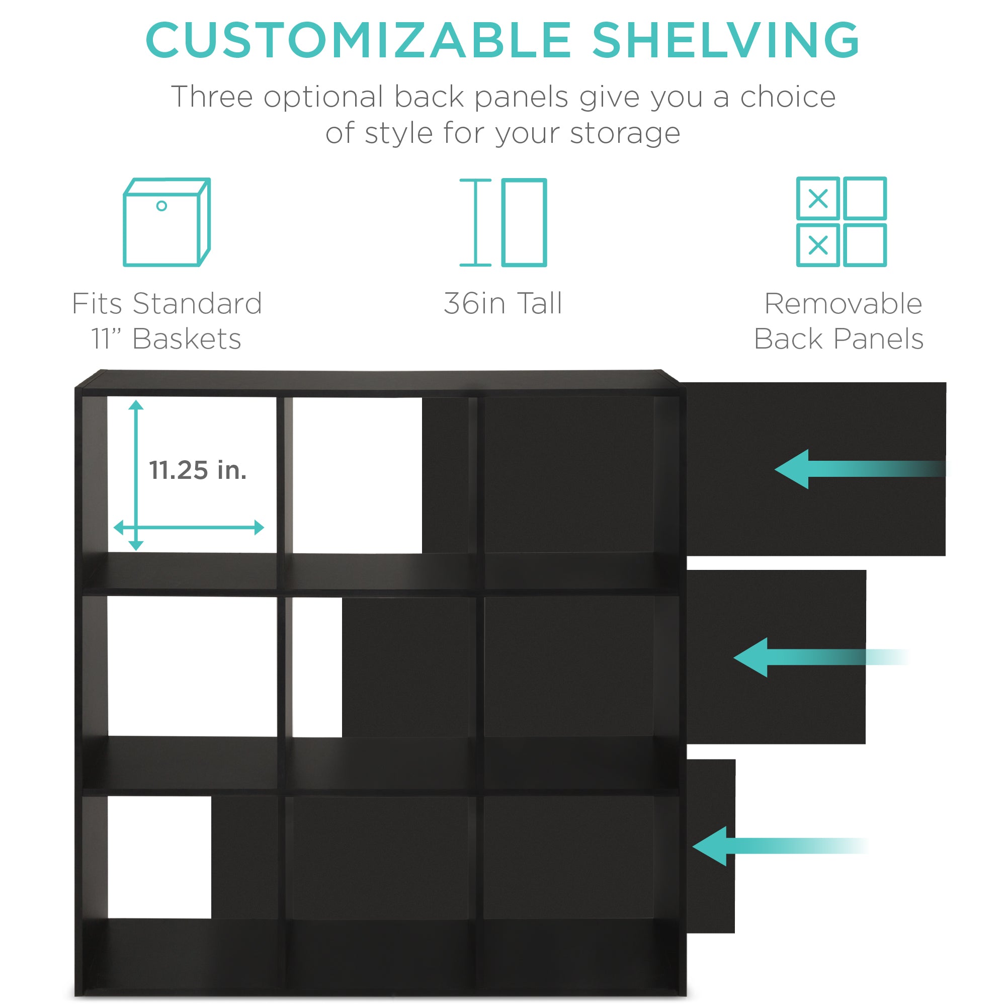 9-Cube Bookshelf Storage Display w/ 3 Removable Panels Customizable Design
