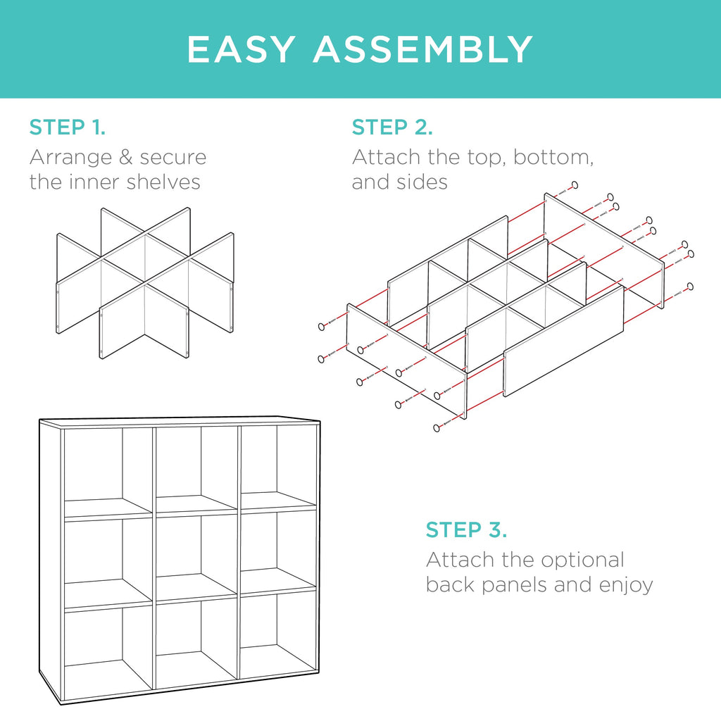 9-Cube Bookshelf Storage Display w/ 3 Removable Panels Customizable Design