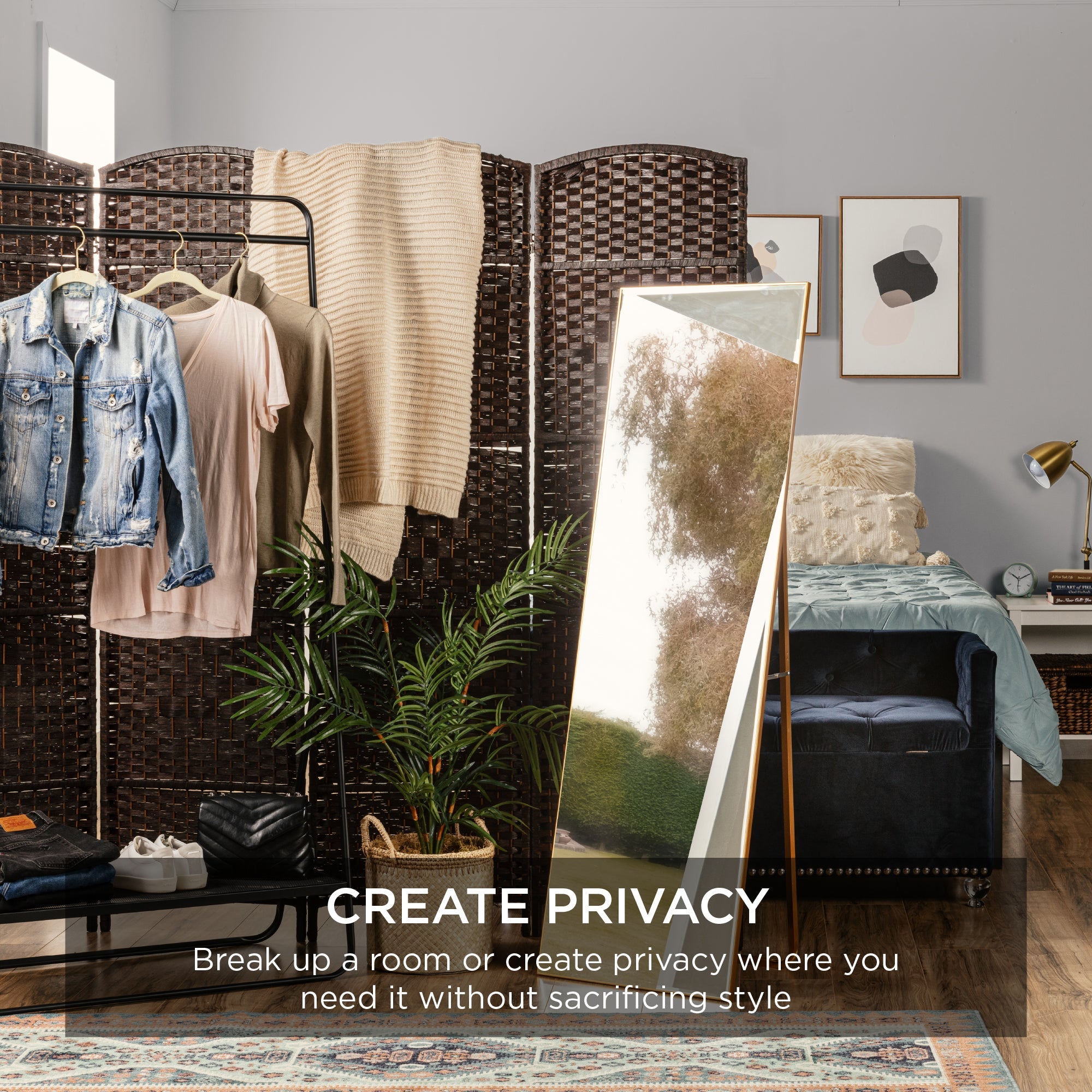 6ft Tall Room Divider 6-Panel Diamond Weave Folding Privacy Screen