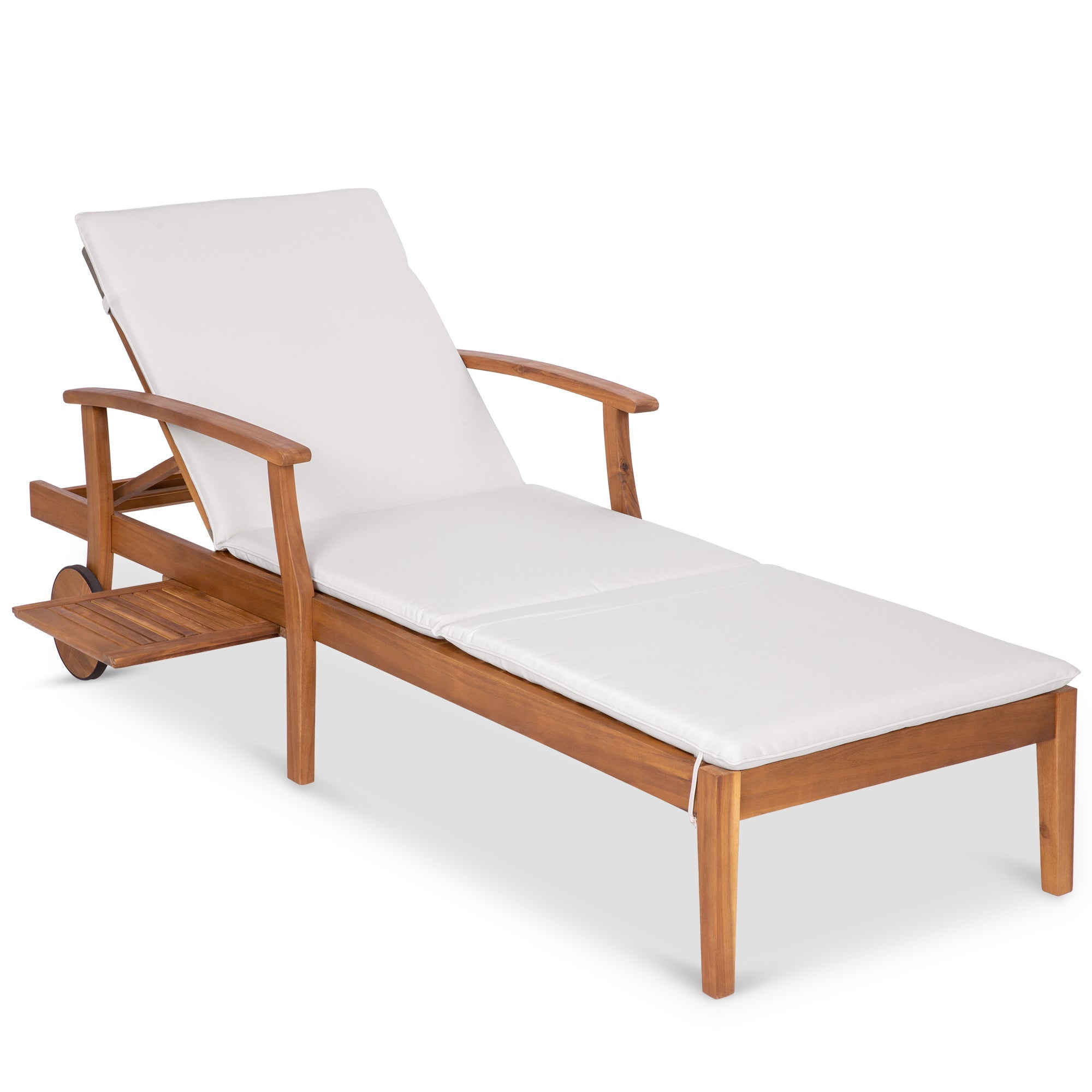 Adjustable Acacia Wood Chaise Lounge Chair w/ Side Table Wheels - 79x26in