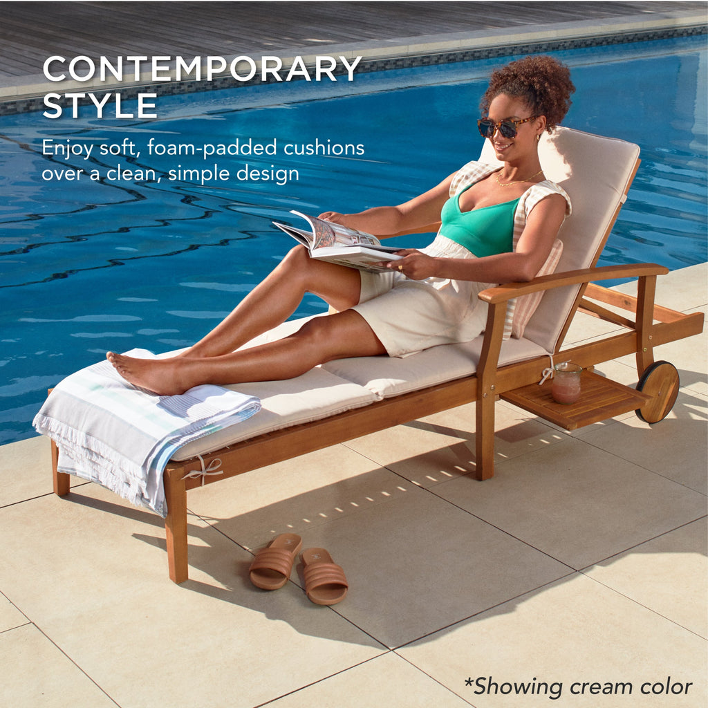 Adjustable Acacia Wood Chaise Lounge Chair w/ Side Table Wheels - 79x26in
