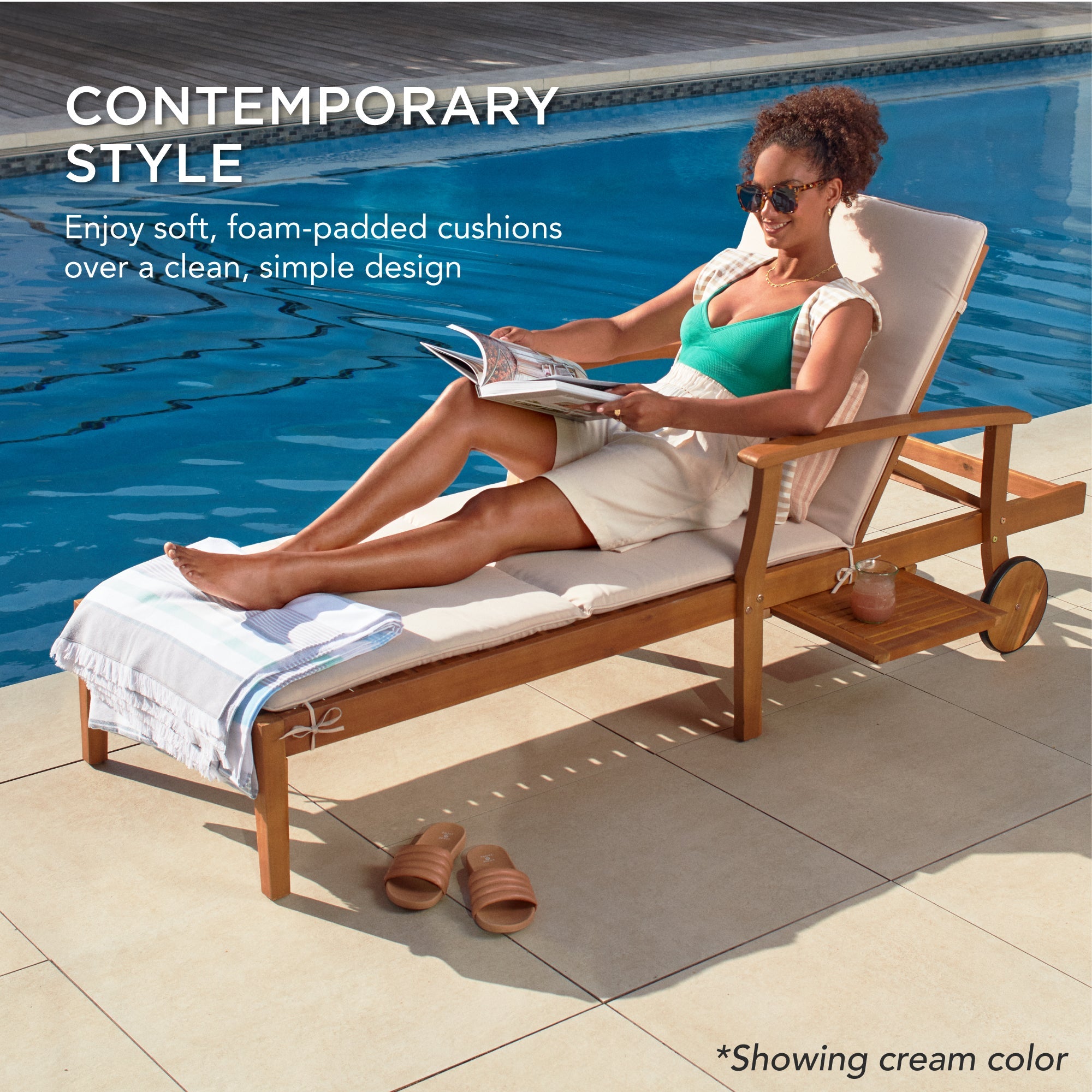 Adjustable Acacia Wood Chaise Lounge Chair w/ Side Table Wheels - 79x26in