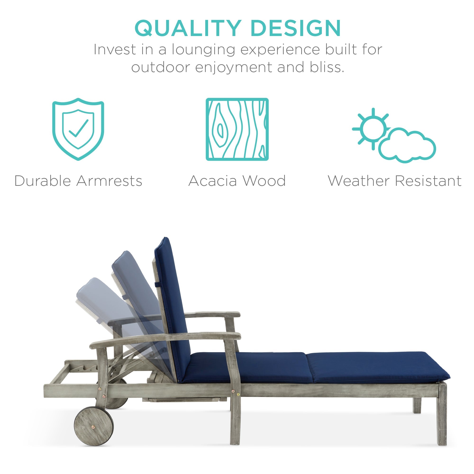 Adjustable Acacia Wood Chaise Lounge Chair w/ Side Table Wheels - 79x26in