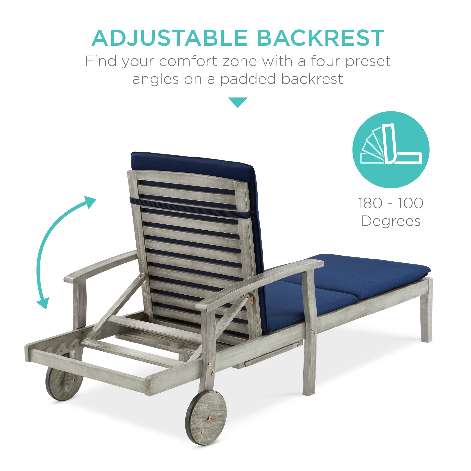 Adjustable Acacia Wood Chaise Lounge Chair w/ Side Table Wheels - 79x26in