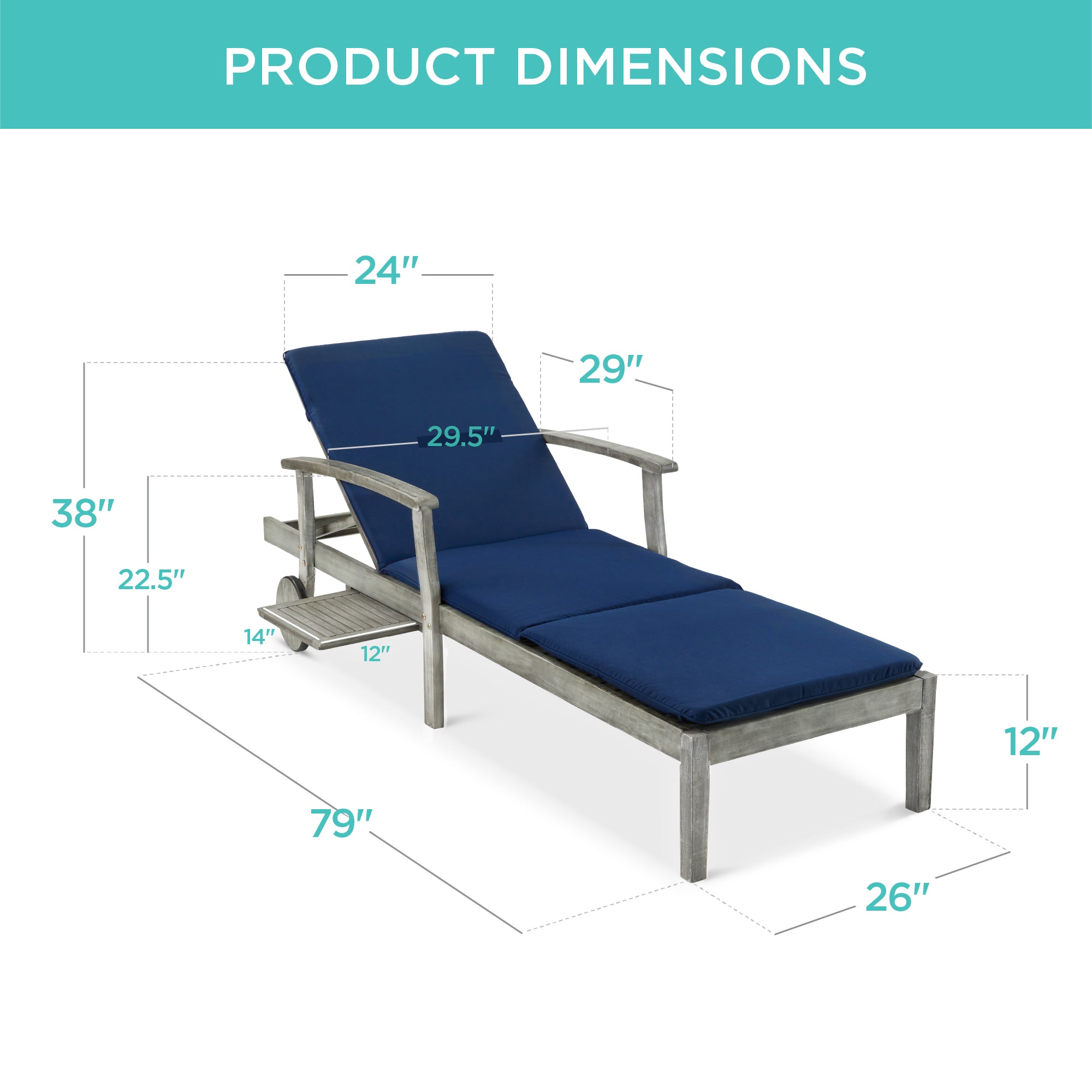 Adjustable Acacia Wood Chaise Lounge Chair w/ Side Table Wheels - 79x26in