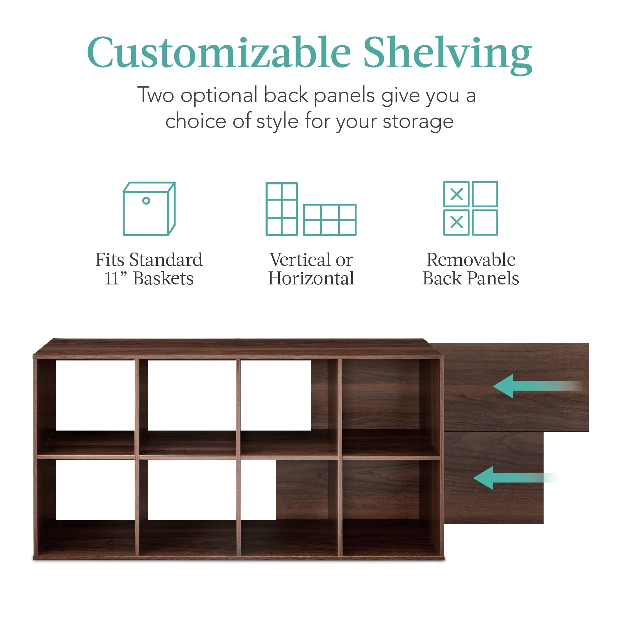 8-Cube Bookshelf 11in Storage Display w/ Removable Panels Customizable