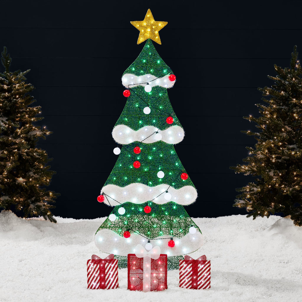 6ft Lighted 2D Christmas Tree Outdoor Decor w/ 170 LED Lights 3 Gift Boxes