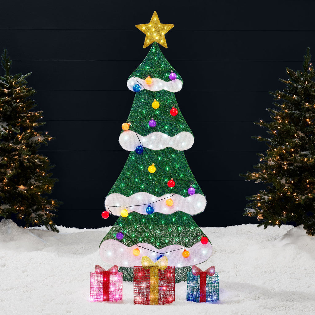 6ft Lighted 2D Christmas Tree Outdoor Decor w/ 170 LED Lights 3 Gift Boxes