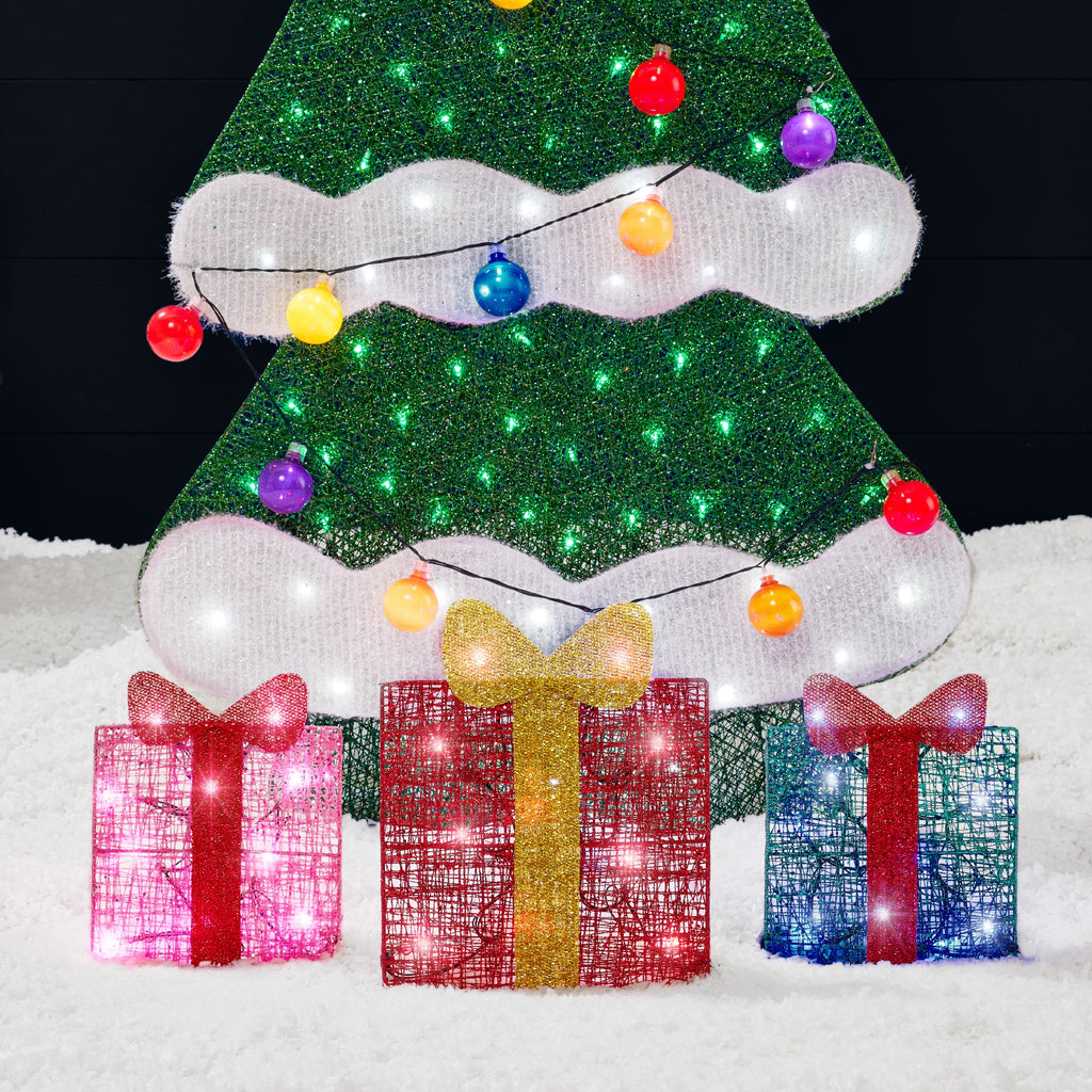 6ft Lighted 2D Christmas Tree Outdoor Decor w/ 170 LED Lights 3 Gift Boxes