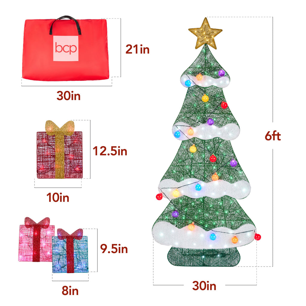 6ft Lighted 2D Christmas Tree Outdoor Decor w/ 170 LED Lights 3 Gift Boxes