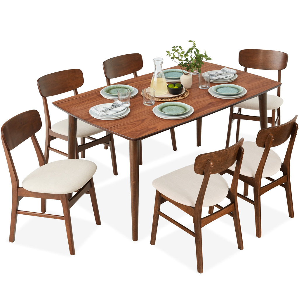 7-Piece Mid-Century Modern Dining Set Wood Upholstered w/ 6 Chairs