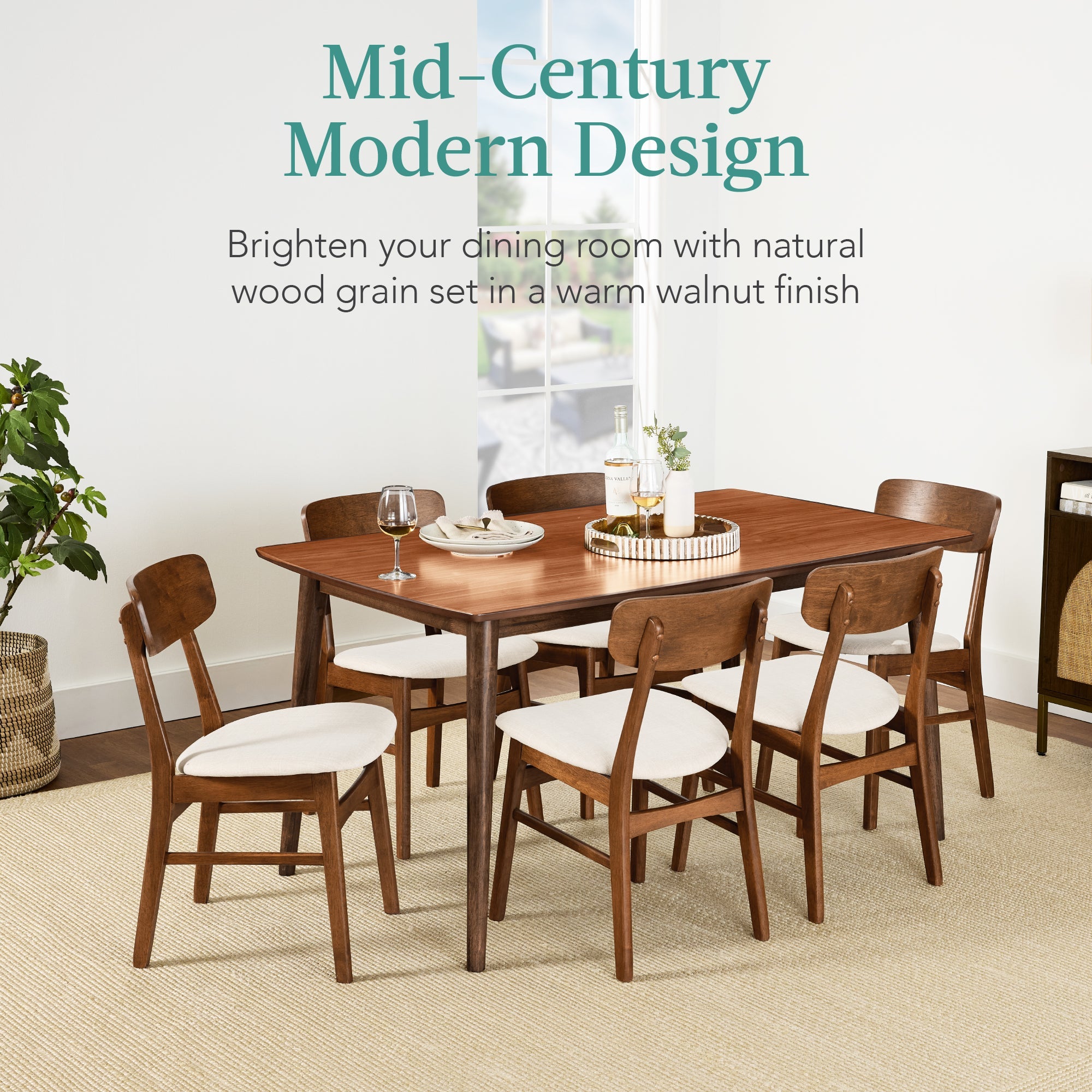 7-Piece Mid-Century Modern Dining Set Wood Upholstered w/ 6 Chairs