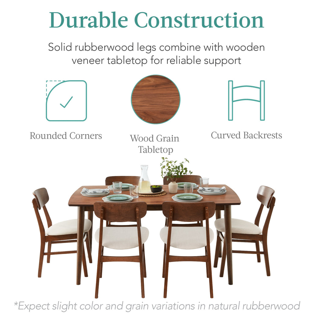7-Piece Mid-Century Modern Dining Set Wood Upholstered w/ 6 Chairs