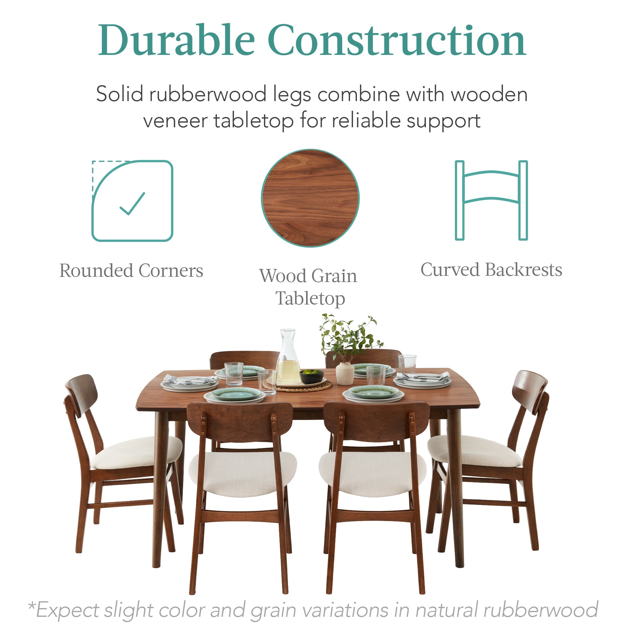 7-Piece Mid-Century Modern Dining Set Wood Upholstered w/ 6 Chairs