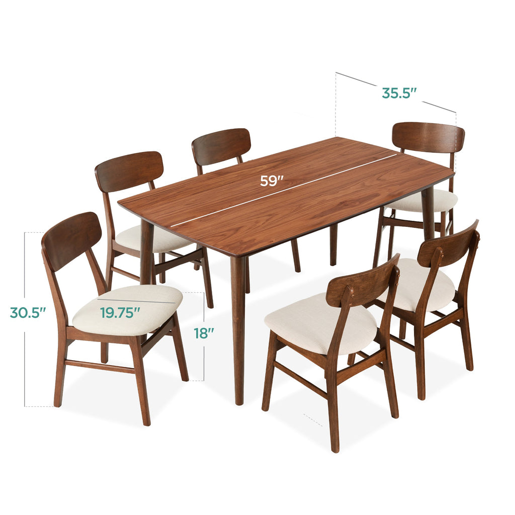 7-Piece Mid-Century Modern Dining Set Wood Upholstered w/ 6 Chairs