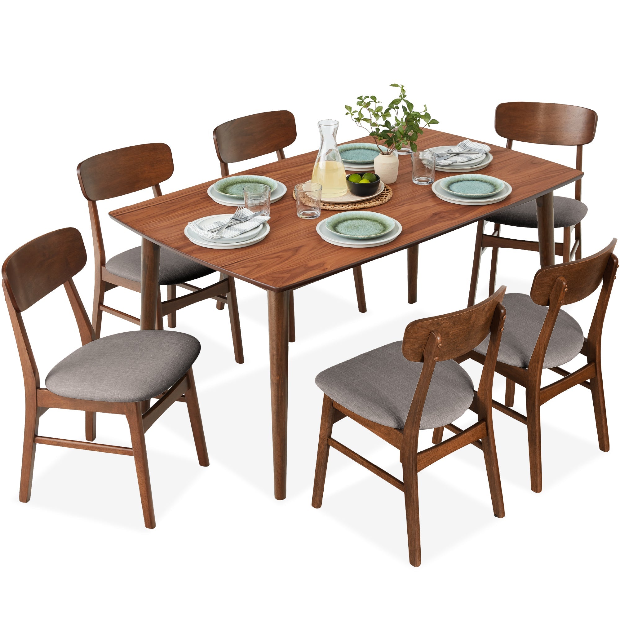 7-Piece Mid-Century Modern Dining Set Wood Upholstered w/ 6 Chairs