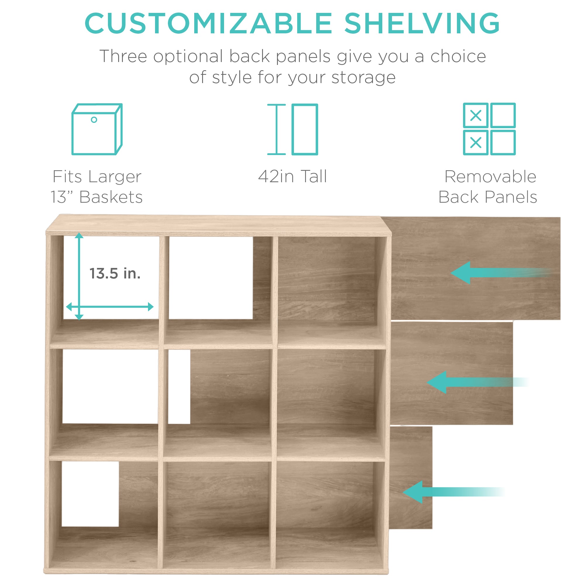 9-Cube Bookshelf 13.5in Storage Display w/ Removable Panels Customizable