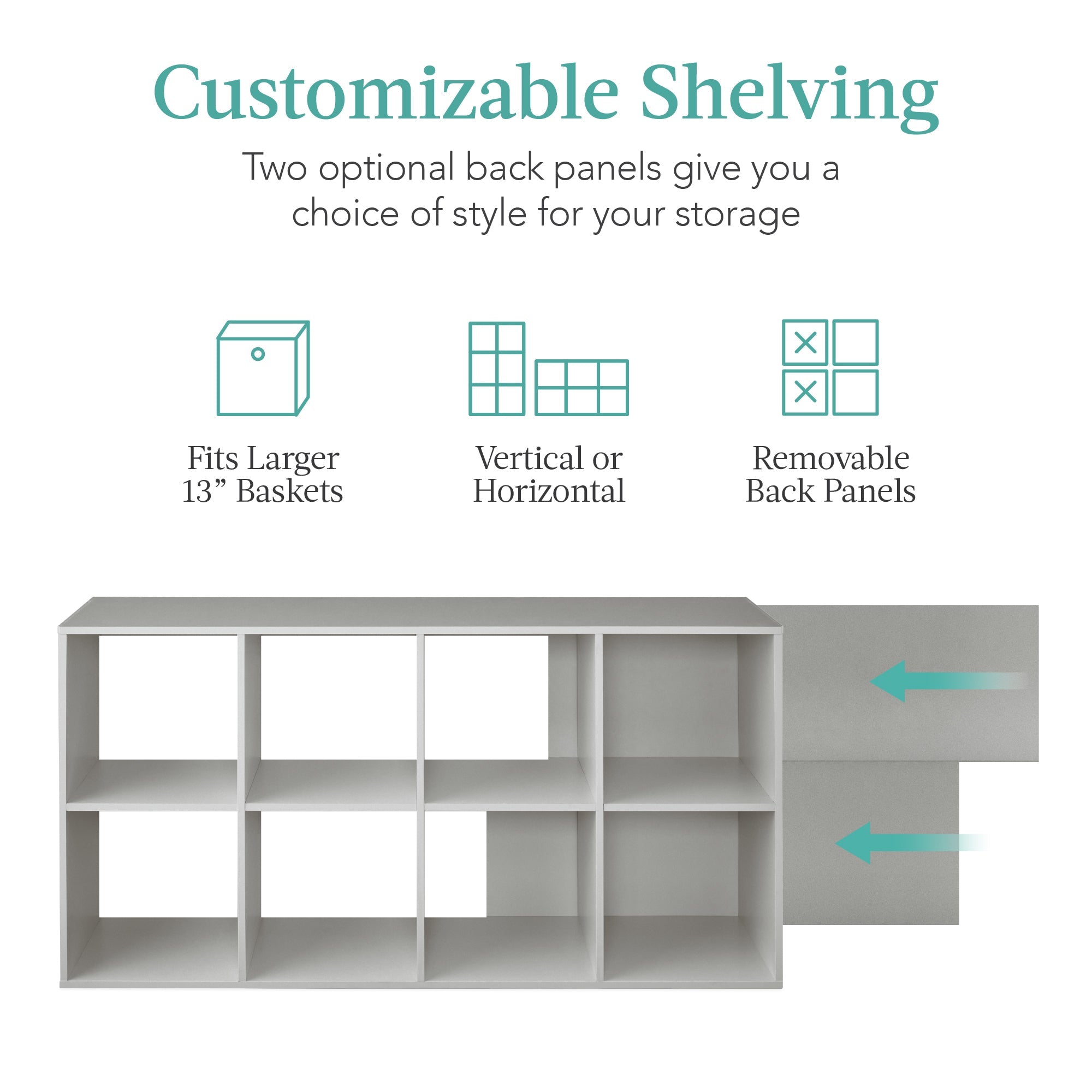 8-Cube Bookshelf 13.5in Storage Display w/ Removable Panels Customizable