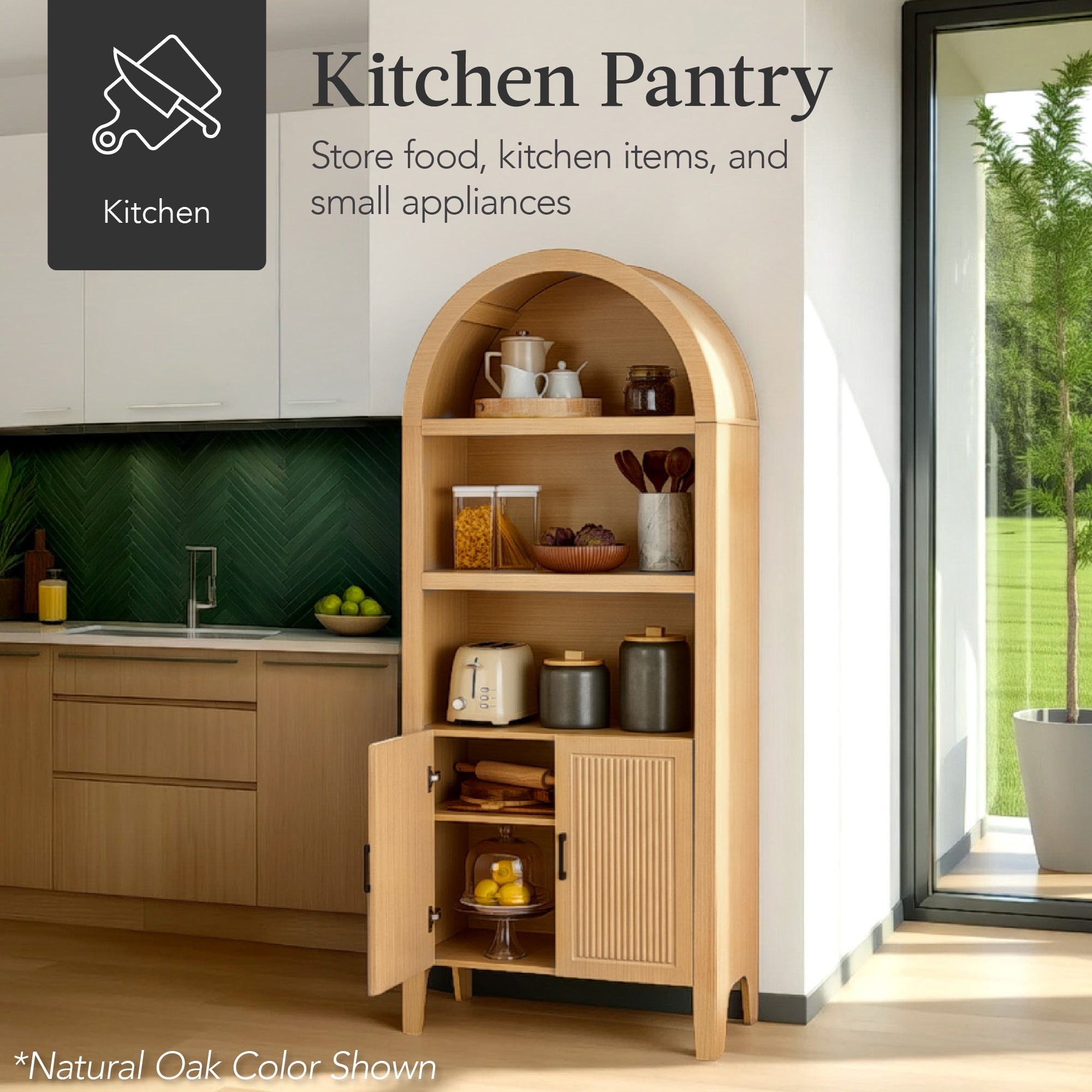 72\" Tall Arched Pantry Cabinet w/ Doors 5-Tier Storage Cabinet w/ Shelves
