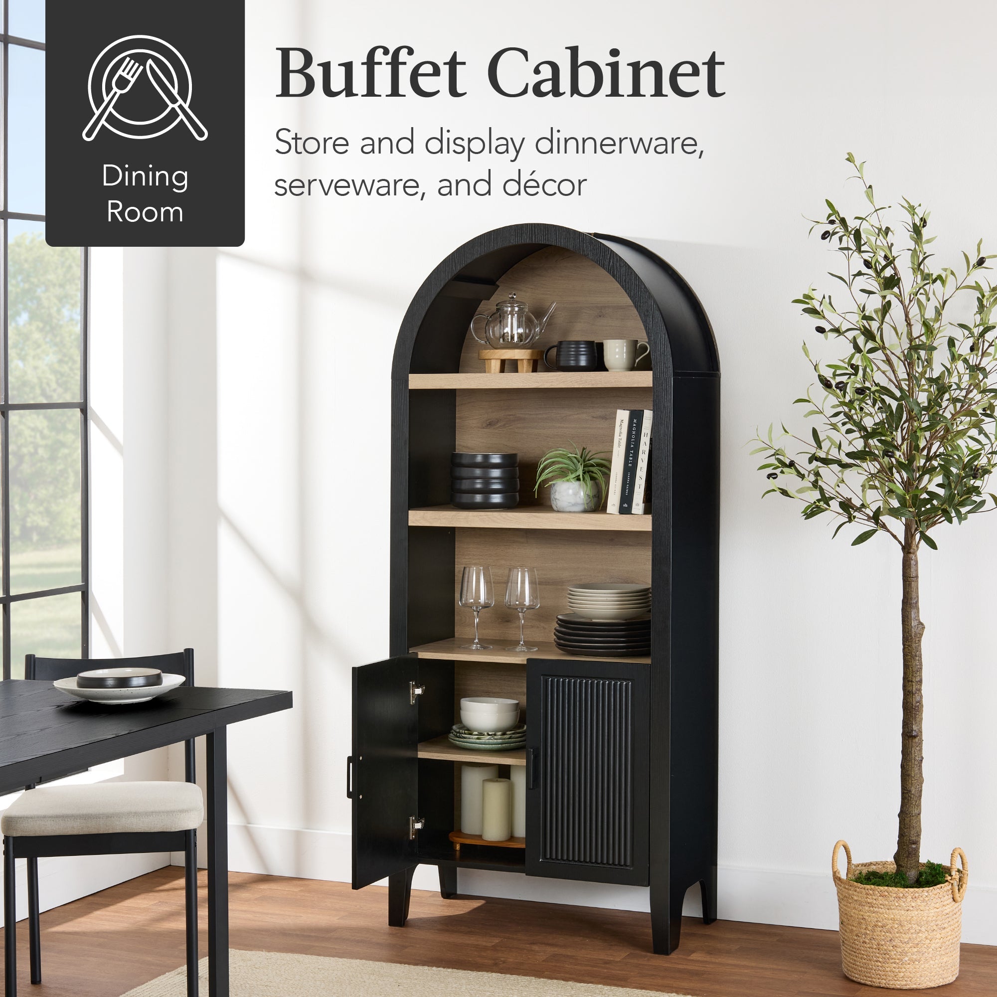 72\" Tall Arched Pantry Cabinet w/ Doors 5-Tier Storage Cabinet w/ Shelves