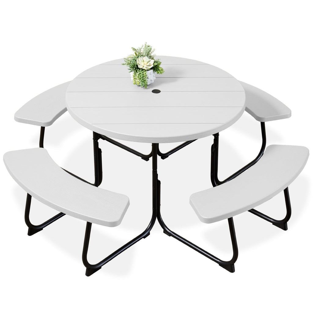 8-Person Circular Picnic Table w/ Umbrella Hole 4 Benches