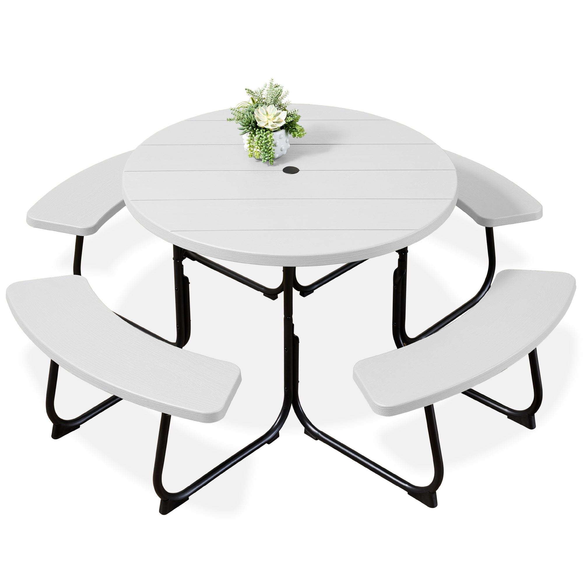 8-Person Circular Picnic Table w/ Umbrella Hole 4 Benches