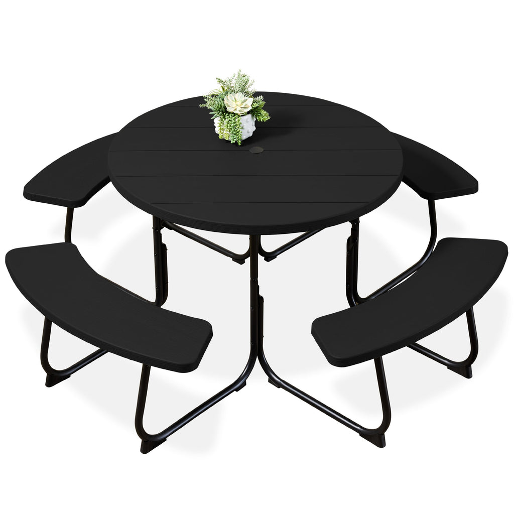 8-Person Circular Picnic Table w/ Umbrella Hole 4 Benches