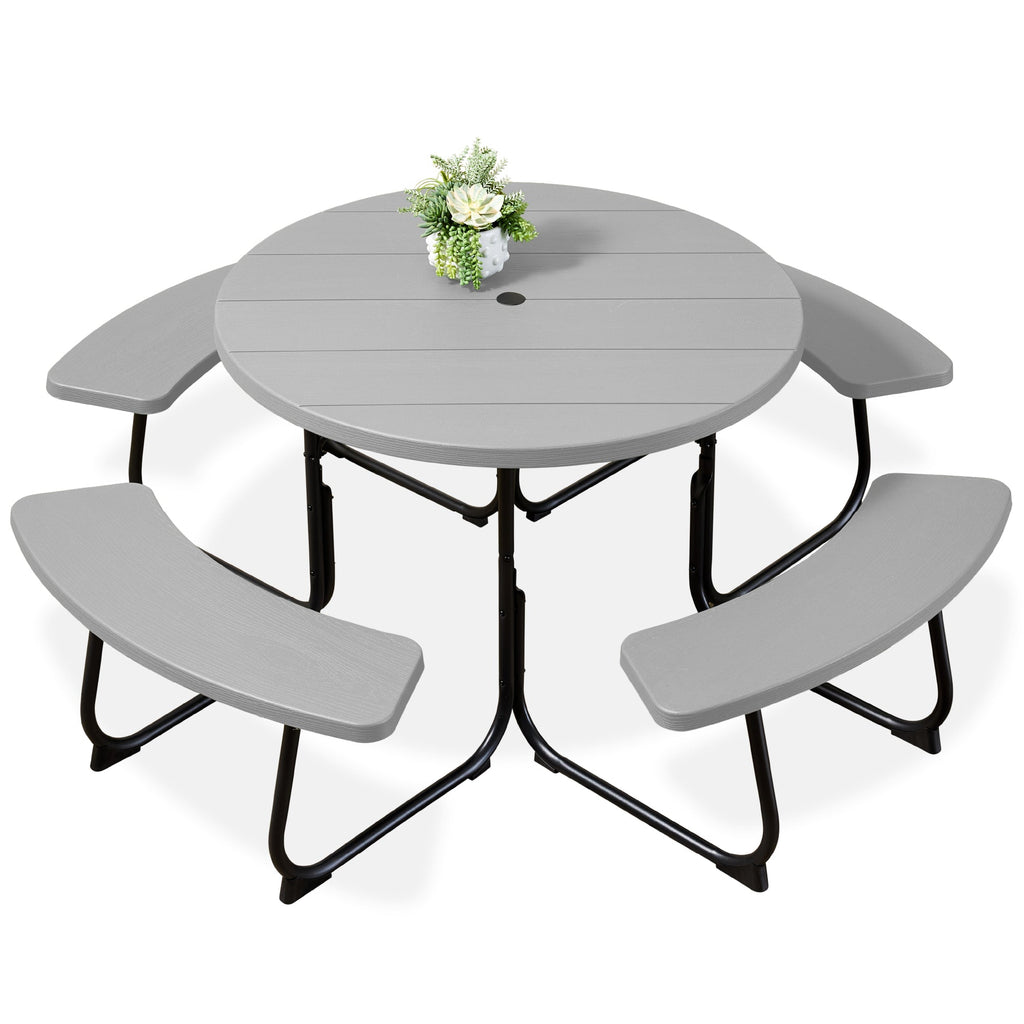 8-Person Circular Picnic Table w/ Umbrella Hole 4 Benches