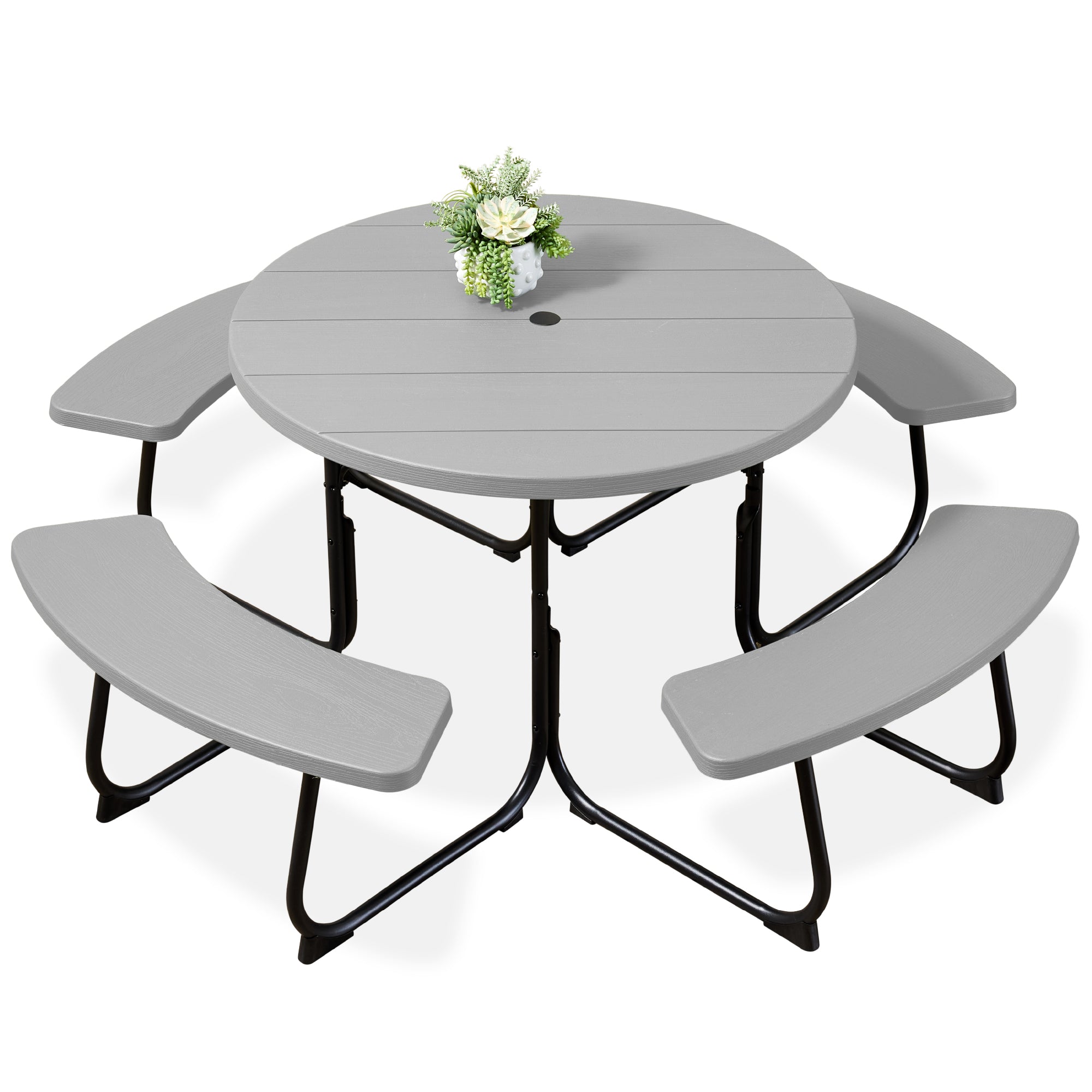 8-Person Circular Picnic Table w/ Umbrella Hole 4 Benches