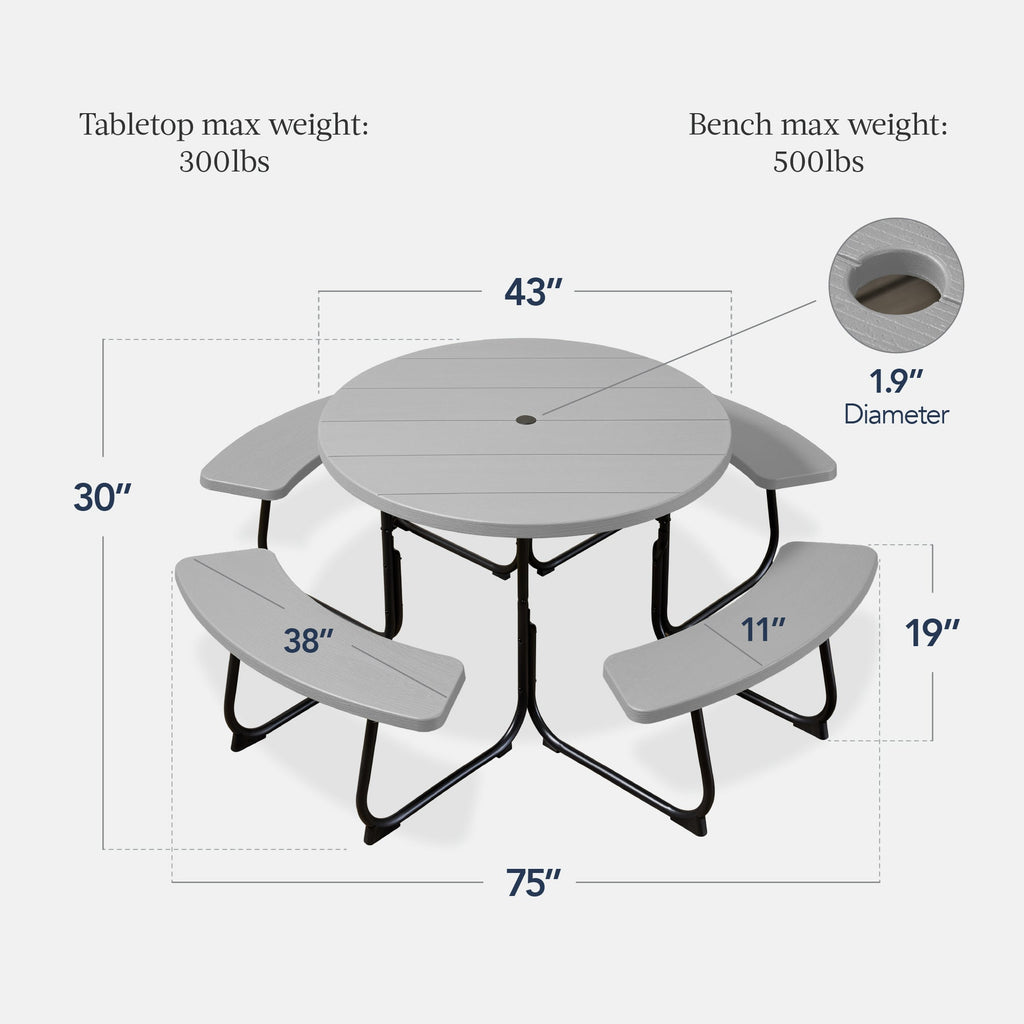 8-Person Circular Picnic Table w/ Umbrella Hole 4 Benches
