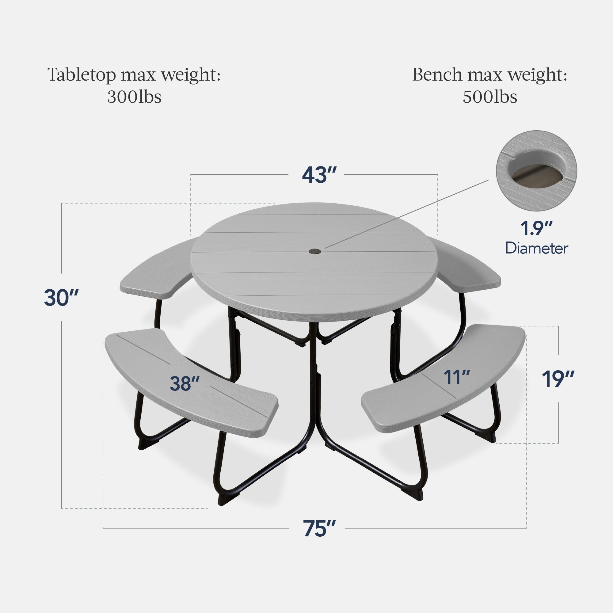 8-Person Circular Picnic Table w/ Umbrella Hole 4 Benches