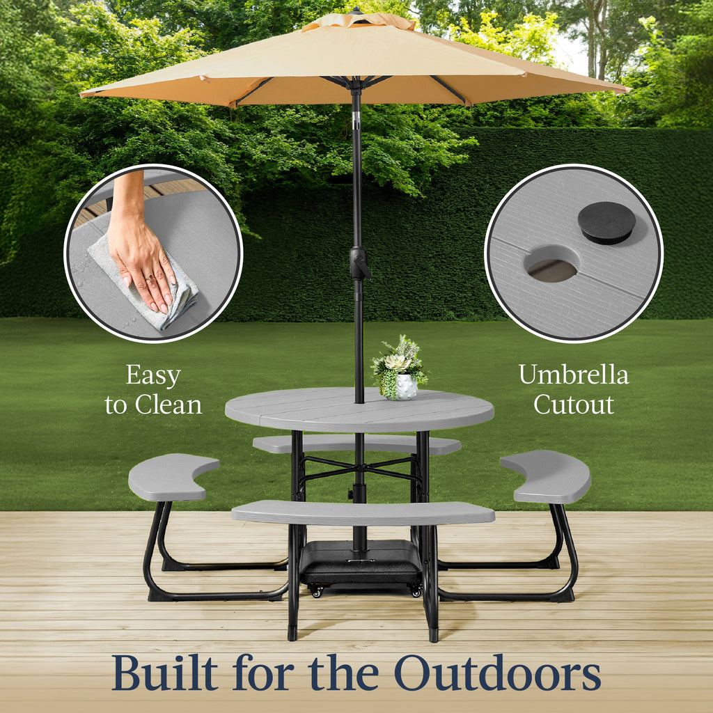 8-Person Circular Picnic Table w/ Umbrella Hole 4 Benches