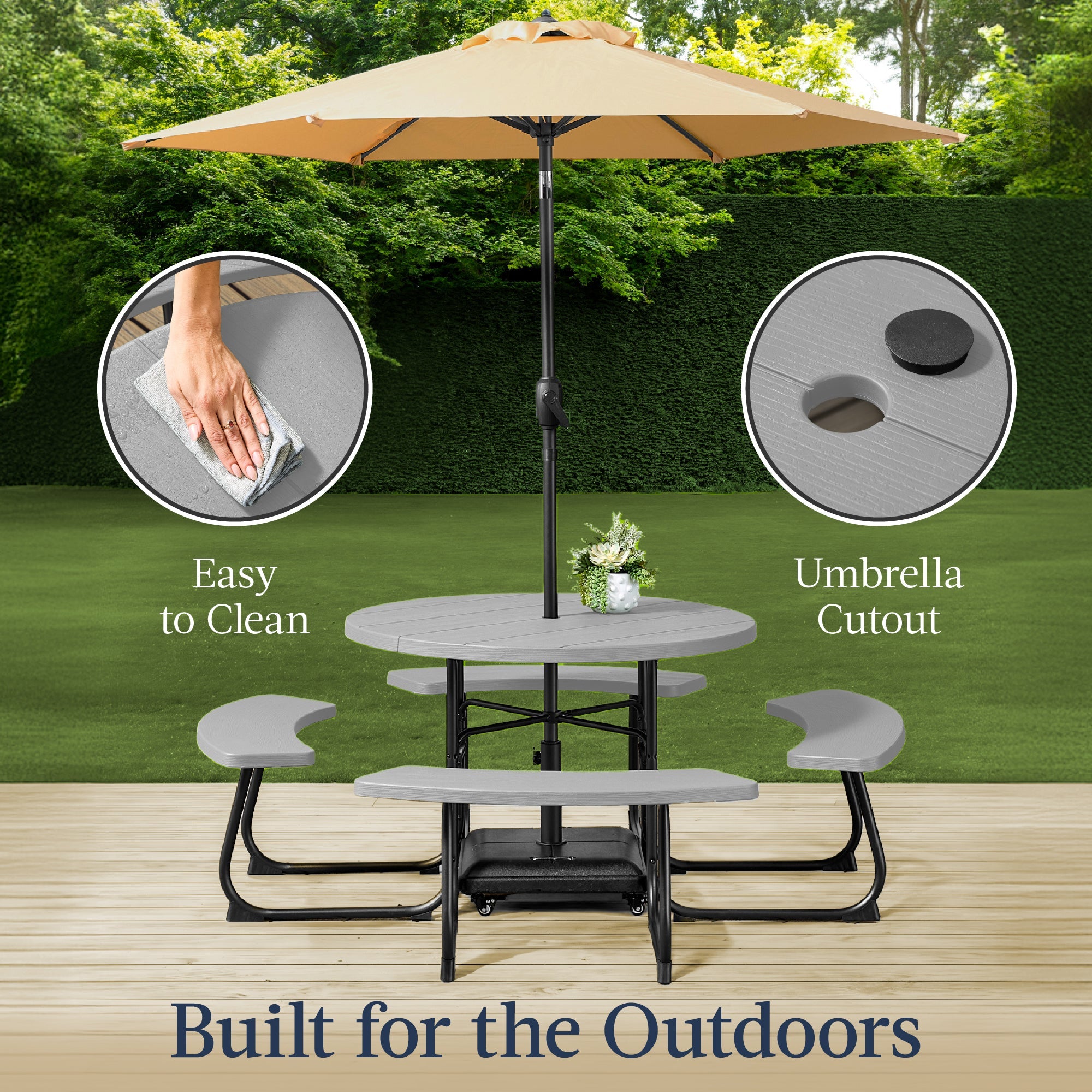 8-Person Circular Picnic Table w/ Umbrella Hole 4 Benches