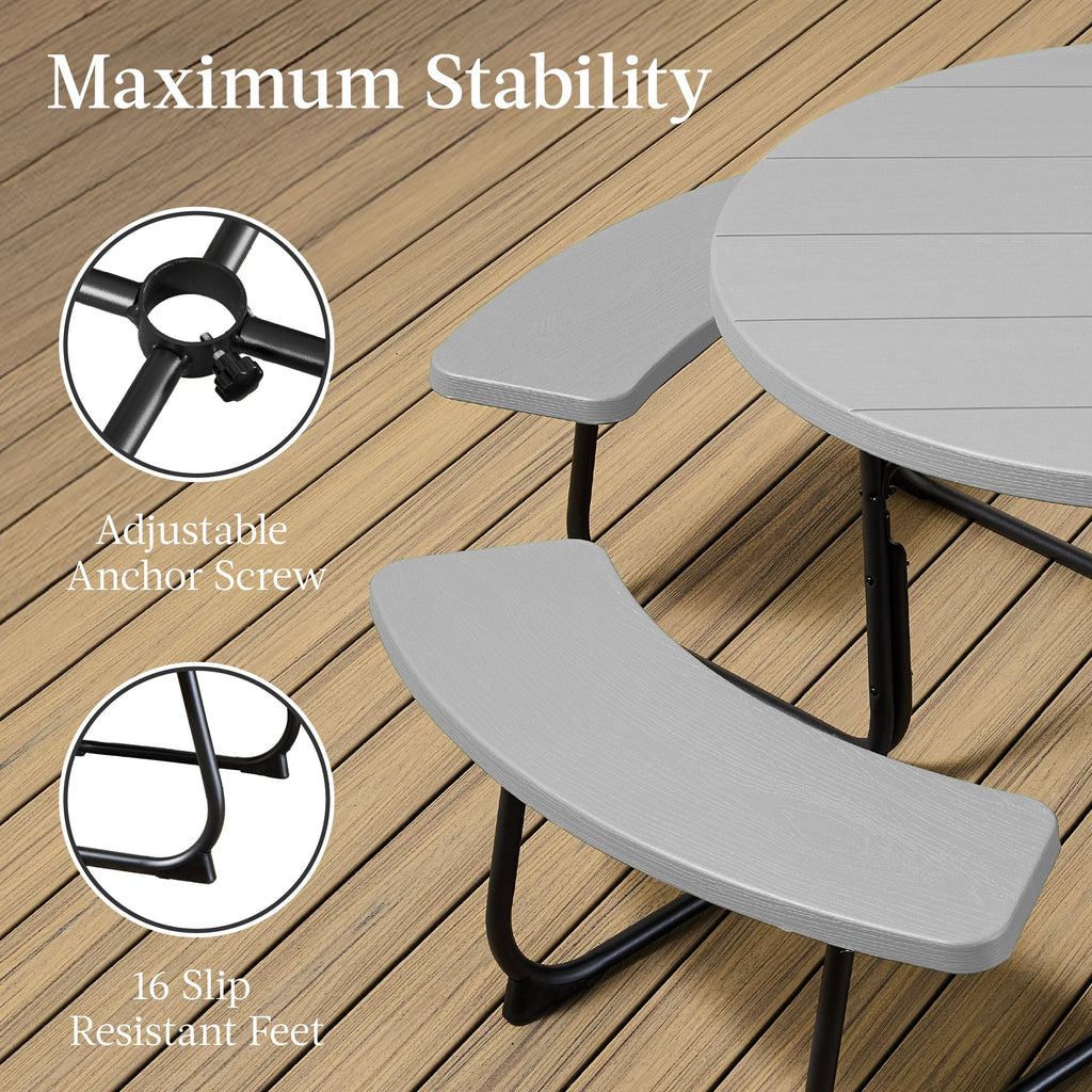 8-Person Circular Picnic Table w/ Umbrella Hole 4 Benches