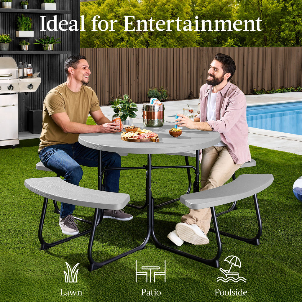 8-Person Circular Picnic Table w/ Umbrella Hole 4 Benches