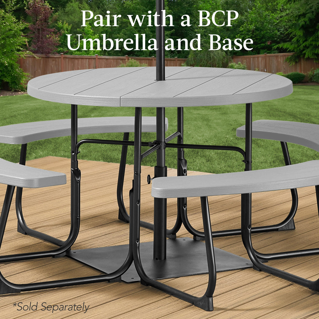 8-Person Circular Picnic Table w/ Umbrella Hole 4 Benches