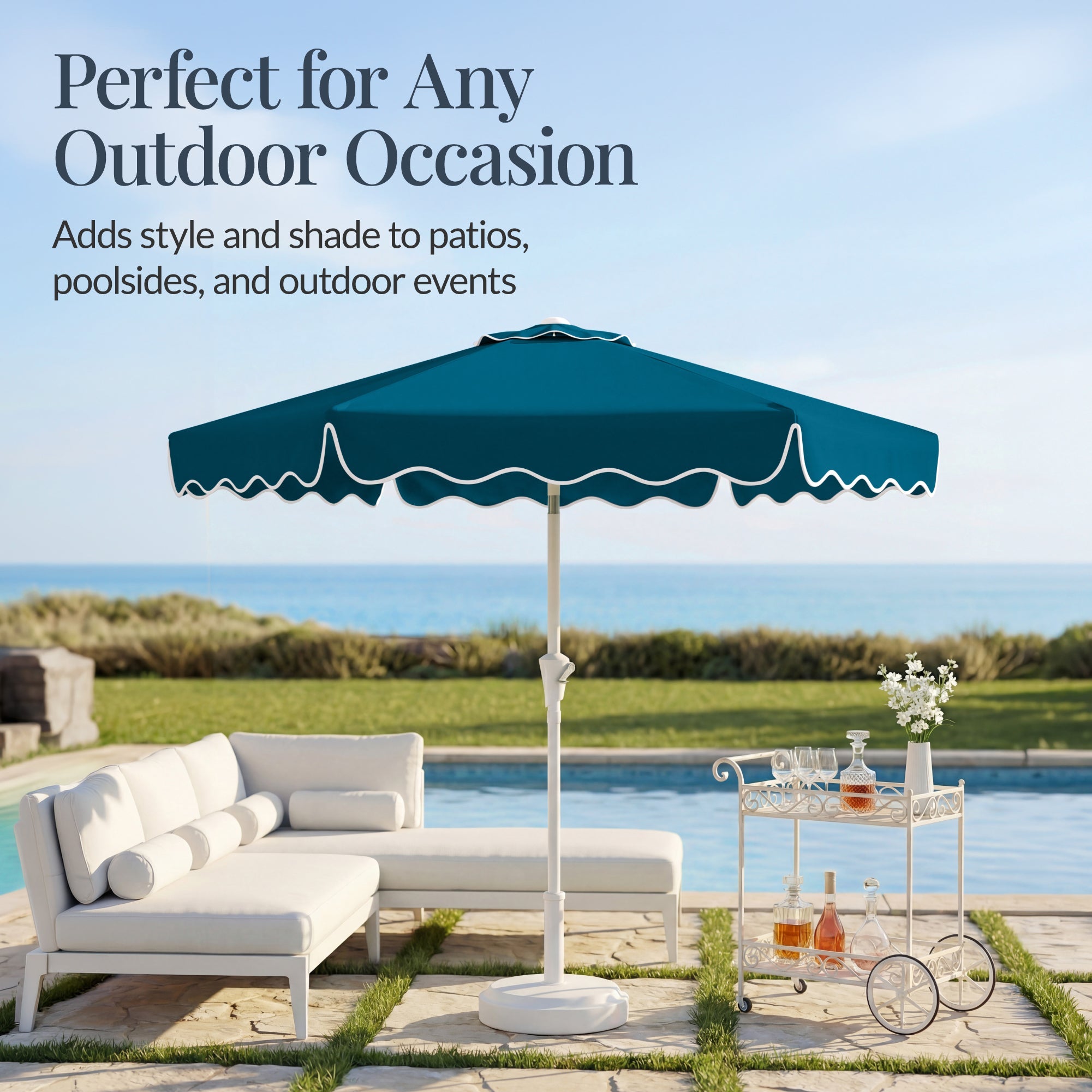 7.5ft Patio Market Umbrella,Wavy Trim UV-Fade-Resistant Crank & Tilt