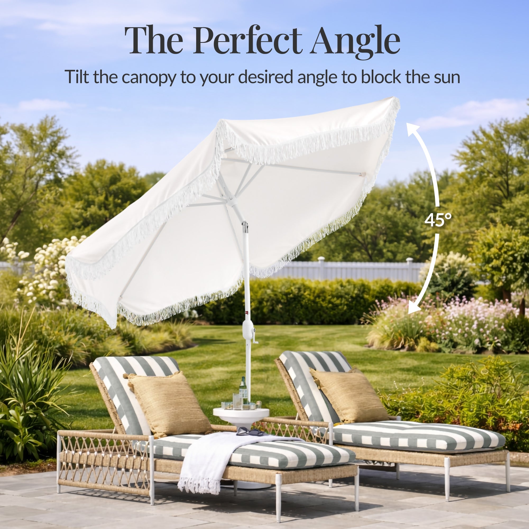 9ft Boho Fringe UmbrellaTilt UPF50+ Steel Pole